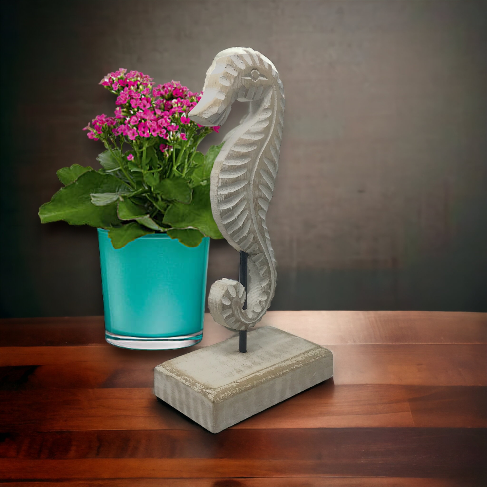 Hand Carved Wood Seahorse- White Wash 